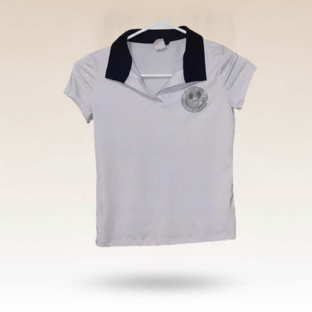 Girls Silver Rhinestone Smiley Face Polo Shirt